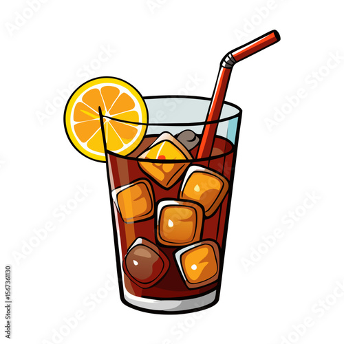Iced Drink Vector with Lemon Slice and Straw | Refreshing Beverage Clipart | Cold Summer Juice Illustration | Cartoon Glass with Ice Cubes

