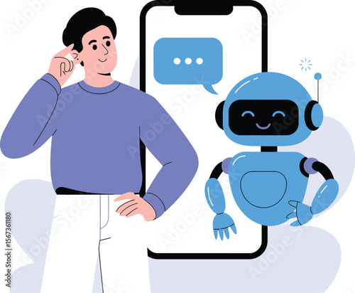 Chat bot ai assistant concept with man and robot using mobile phone for communication and support char