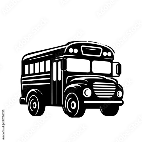 Black and white silhouette vector of a school bus on white background