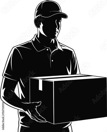 Black silhouette of a delivery man with box on white background