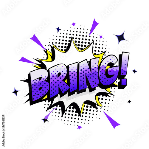 Comic Text “BRING!” Vector Pop Art Style | Retro Sound Effect Bubble Illustration | Purple Explosion Word Design | Cartoon Boom Comic Clipart

