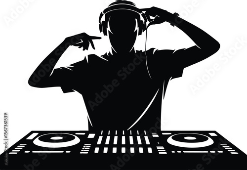 Black silhouette of a DJ playing music on white background 
