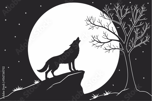 Howling Wolf on Cliff Silhouette – Night Wildlife Vector. A clean black silhouette of a howling wolf standing on a cliff under the night sky and full moon. Perfect for wildlife and adventure themes.