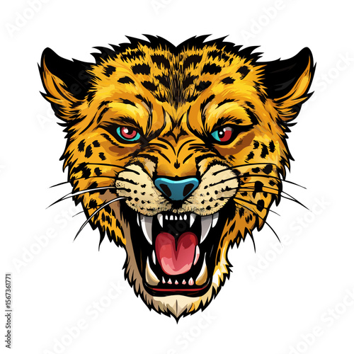 Roaring Leopard Head Vector | Fierce Jungle Cat Illustration | Angry Wild Predator Clipart | Spotted Beast Logo Art for Mascots and Branding