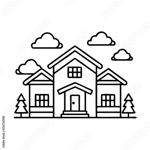 Black and White House Vector Illustration | Suburban Family Home Clipart | Line Art Building Design | Minimal Residential Architecture Icon