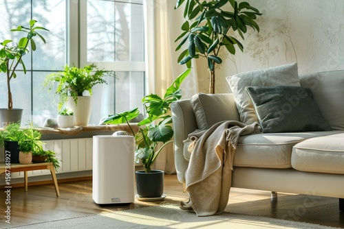 high definition image of Dehumidifier in a bright living room with houseplants.