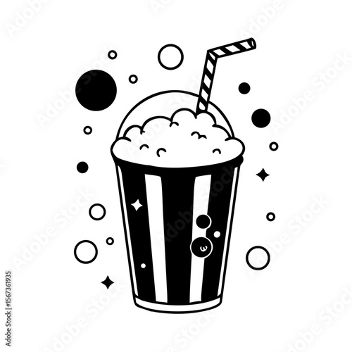 Black and White Soda Cup Vector | Fizzy Drink Clipart with Straw and Bubbles | Retro Beverage Illustration | Cartoon Milkshake Design Art