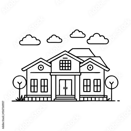 Black and White House Vector Illustration | Suburban Family Home Clipart | Line Art Building Design | Minimal Residential Architecture Icon