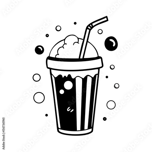 Black and White Soda Cup Vector | Fizzy Drink Clipart with Straw and Bubbles | Retro Beverage Illustration | Cartoon Milkshake Design Art