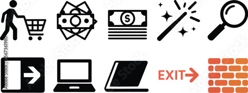 E commerce shopping online money search exit strategy laptop magic wall icons vector illustration