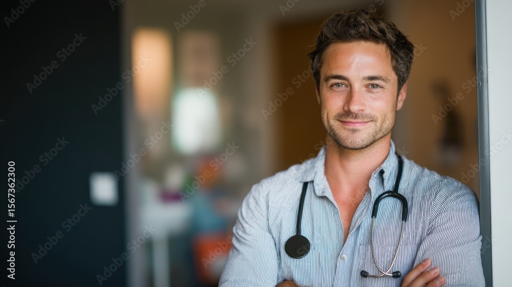 Obraz premium Photograph a young adult doctor standing naturally near a hospital room entrance, his slight smile reflecting confidence. His composed posture, highlighted by crisp, high-resolution lighting, contrast