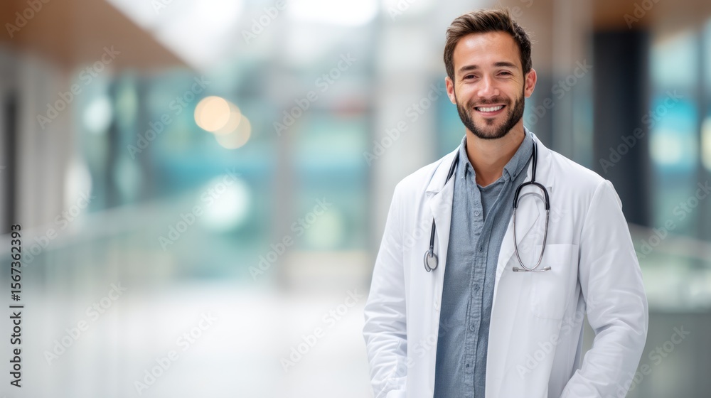 Fototapeta premium Photograph a young adult doctor with no beard in an ultra-realistic full-body portrait. He stands straight with hands relaxed at his sides, his slight smile radiating approachable expertise. The hospi