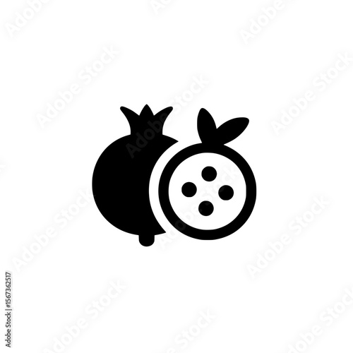 Black icon of two pomegranates with one halved, illustrating natural food, antioxidants, or fruit products.