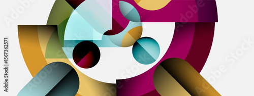 Abstract composition featuring overlapping colorful shapes. Circles, curves, gradients create dynamic visual effect. Modern design elements present.