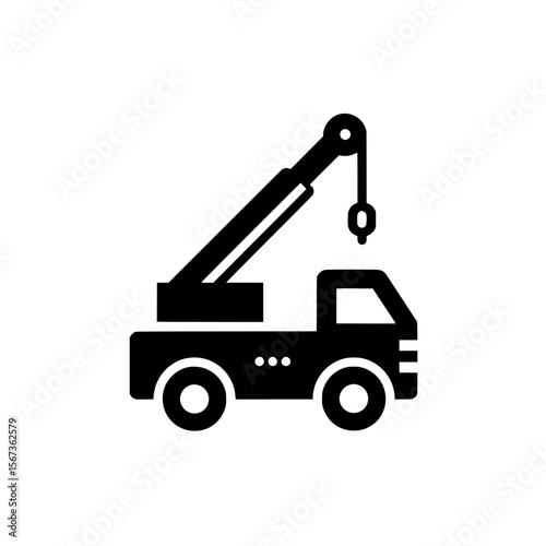 Simple black tow truck icon with extended hook used for vehicle towing, roadside assistance, and automotive recovery services.
