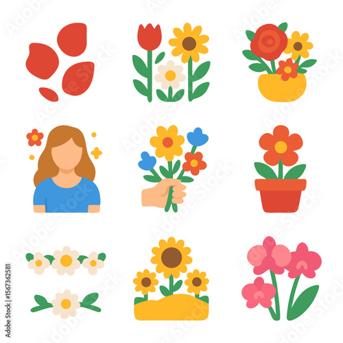 Flat Spring Flower Icons – Perfect for Greeting Cards, Wedding Invitations, and Nature-Themed Designs