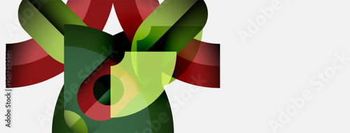 Abstract floral design. Overlapping shapes create organic forms, using red, green, yellow hues. Minimalist composition, modern aesthetic.