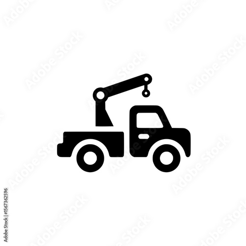 Simplified black tow truck icon with crane boom, suitable for transportation and automotive service themes.