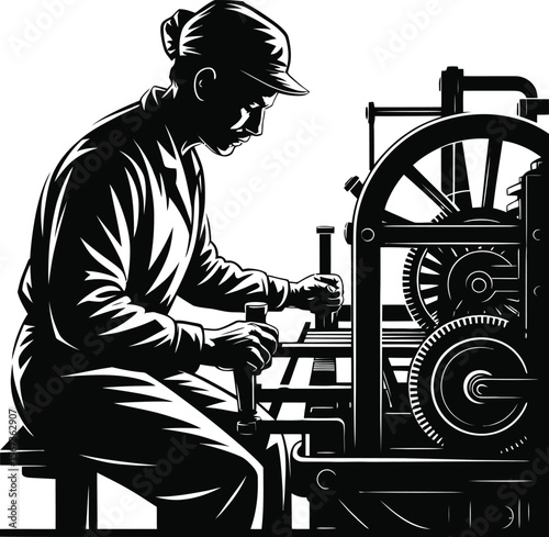 Black silhouette of a factory worker with machine on white background