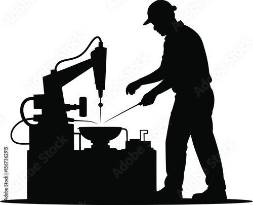 Black silhouette of a factory worker with machine on white background 
