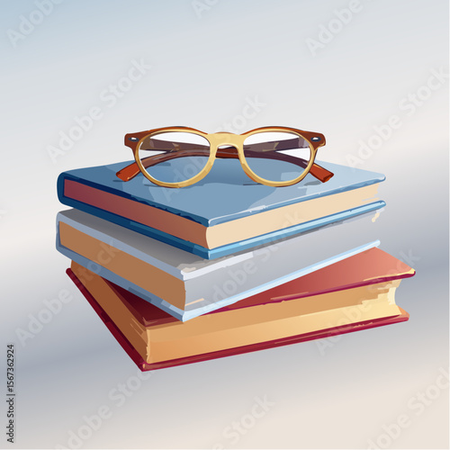 Vector of gold-rimmed reading glasses resting on a stack of old books, softly lit and finely textured for realistic depth and warmth.