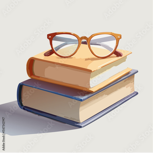 Vector of gold-rimmed reading glasses resting on a stack of old books, softly lit and finely textured for realistic depth and warmth.