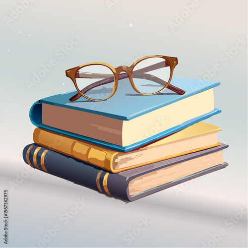 Vector of gold-rimmed reading glasses resting on a stack of old books, softly lit and finely textured for realistic depth and warmth.