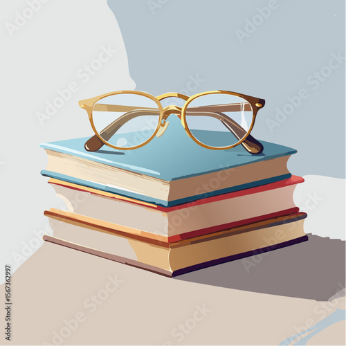 Vector of gold-rimmed reading glasses resting on a stack of old books, softly lit and finely textured for realistic depth and warmth.