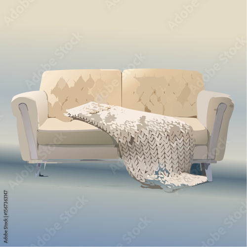 Vector of a chunky knitted wool blanket draped over a soft cream sofa, textured and warmly lit with ultra-realistic cozy styling.
