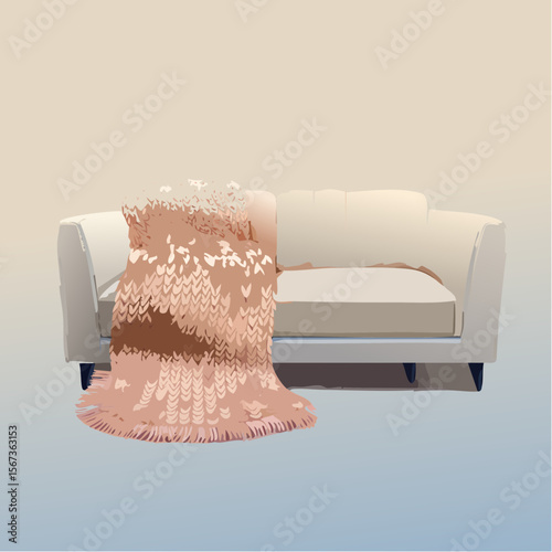 Vector of a chunky knitted wool blanket draped over a soft cream sofa, textured and warmly lit with ultra-realistic cozy styling.