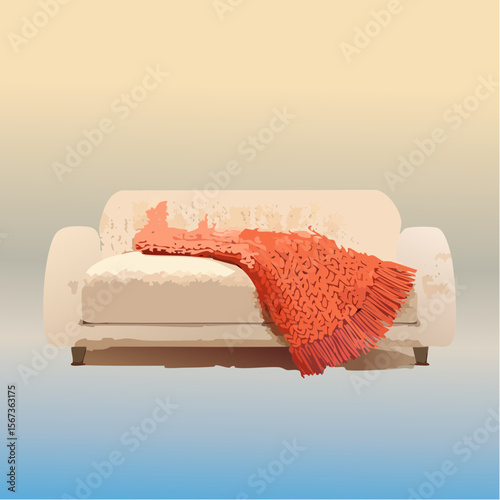 Vector of a chunky knitted wool blanket draped over a soft cream sofa, textured and warmly lit with ultra-realistic cozy styling.