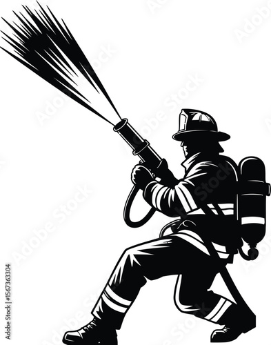 Black silhouette of a firefighter spraying water on white background 