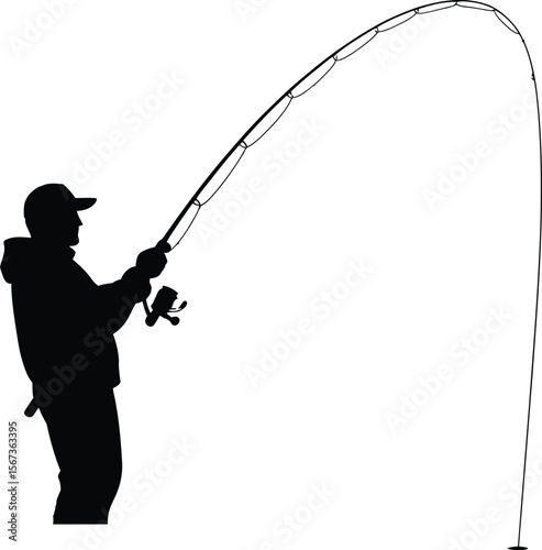 Black silhouette of a fisherman with fishing rod on white background