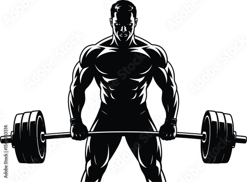 Black silhouette of a fitness trainer lifting weight on white backgroun
