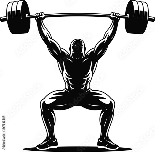 Black silhouette of a fitness trainer lifting weight on white background 
