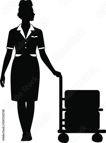 Black silhouette of a flight attendant with trolley on white background