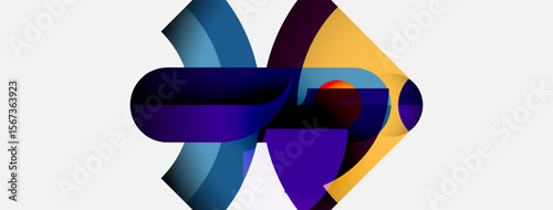 Abstract design features flowing shapes, vibrant colors. Purple, blue, yellow blend creating dynamic visual impact. Modern aesthetic.