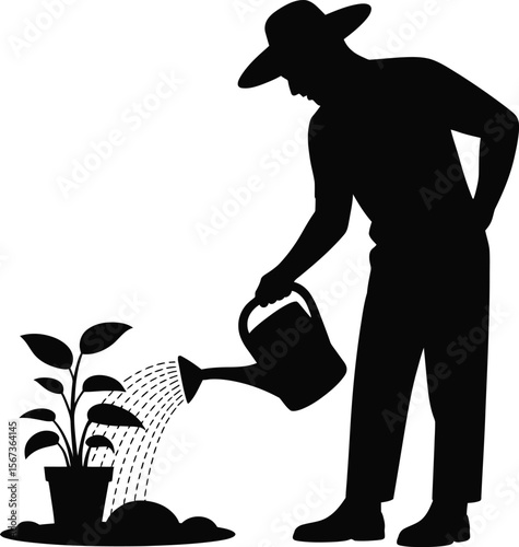 Black silhouette of a gardener watering plant on white background