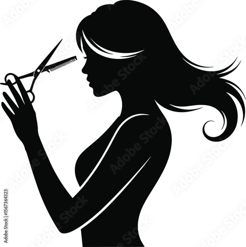 Black silhouette of a hairstylist with scissors on white background