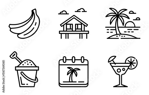  Tropical Vacation and Summer Holiday Outline Icons.