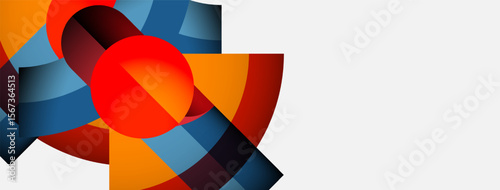 Abstract shapes overlap, creating dynamic composition. Orange, blue, red hues dominate design. Minimalist style, modern aesthetic.