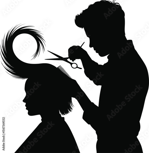 Black silhouette of a hairstylist with scissors on white background