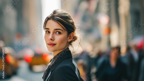 Produce a vivid, ultra photorealistic cinematic portrait of a young French businesswoman walking down a bustling New York street. She is impeccably dressed in fashionable business attire and glances b
