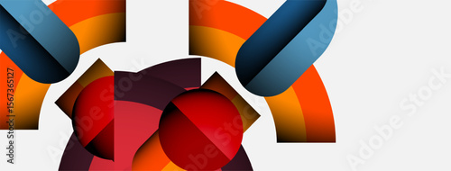 Abstract geometric composition. Shapes overlap, creating dynamic visual interest. Red, orange, blue hues dominate design. Minimalist style.
