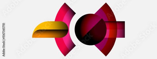 Abstract graphic design features curved shapes, vibrant colors. Red, yellow, burgundy elements create dynamic composition. Minimalist style.