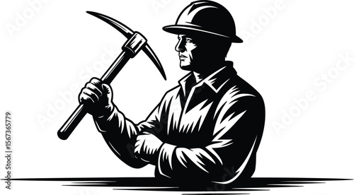 Black silhouette of a miner with pickaxe on white background