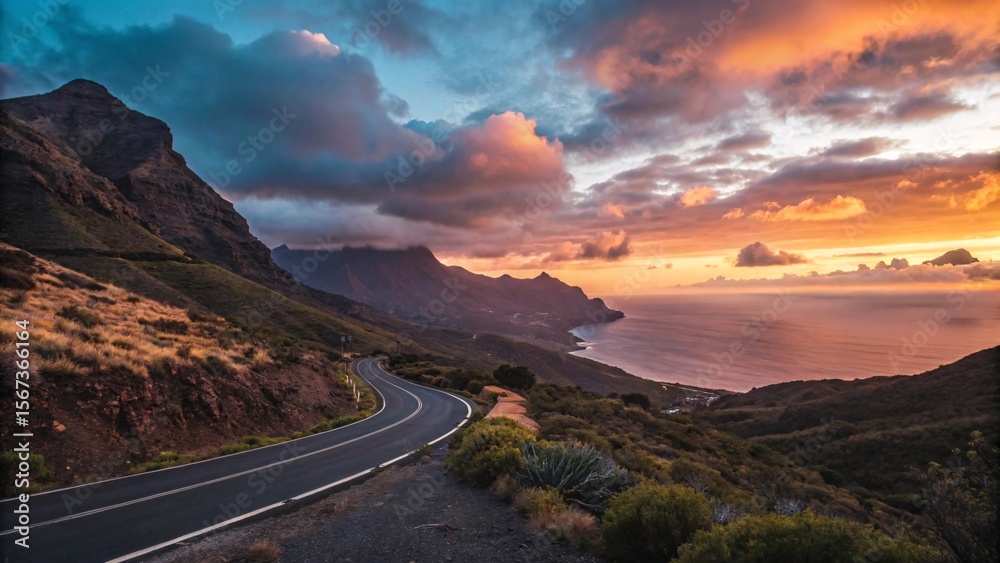 Fototapeta premium Cinematic Mountain Road at Sunset Overlooking Serene Ocean V5