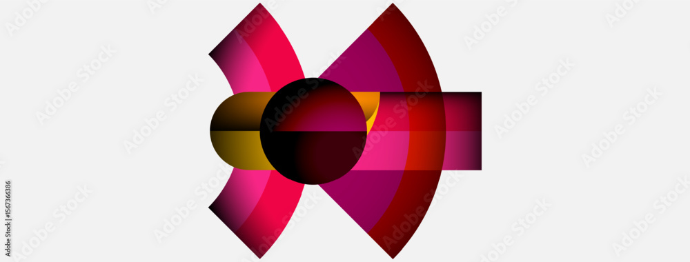 Obraz premium Abstract design features pink, maroon, gold shapes. Circular elements intersect creating dynamic visual impact. Minimalist composition on white background.