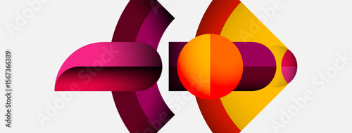 Abstract shapes overlap, creating vibrant color gradients. Composition feels modern, dynamic, visually engaging. Smooth transitions dominate design.