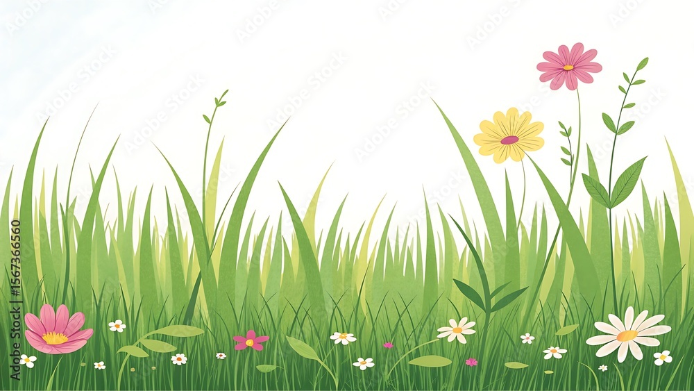 Fototapeta premium Vibrant green grass and colorful wildflowers bloom under a bright white sky in this cheerful spring meadow illustration